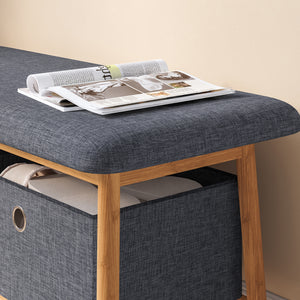 Panca da Scarpe Vad con Seduta Imbottita e 2 Contenitori in Tessuto 90 x 30 x 45 cm - Bambù Naturale / Grigio