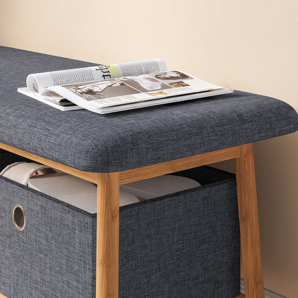 Panca da Scarpe Vad con Seduta Imbottita e 2 Contenitori in Tessuto 90 x 30 x 45 cm - Bambù Naturale / Grigio