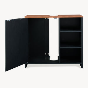 Mobile Sottolavabo Trond con Anta e 3 Vani Aperti 60 x 66 x 30 cm - Nero / Effetto Noce [en.casa]