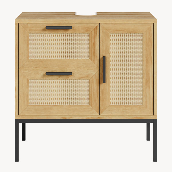 Mobile Sottolavabo Marhasa con Cassetto e 2 Scomparti 60 x 60 x 40 cm - Effetto Rovere/Rattan/Nero [en.casa]