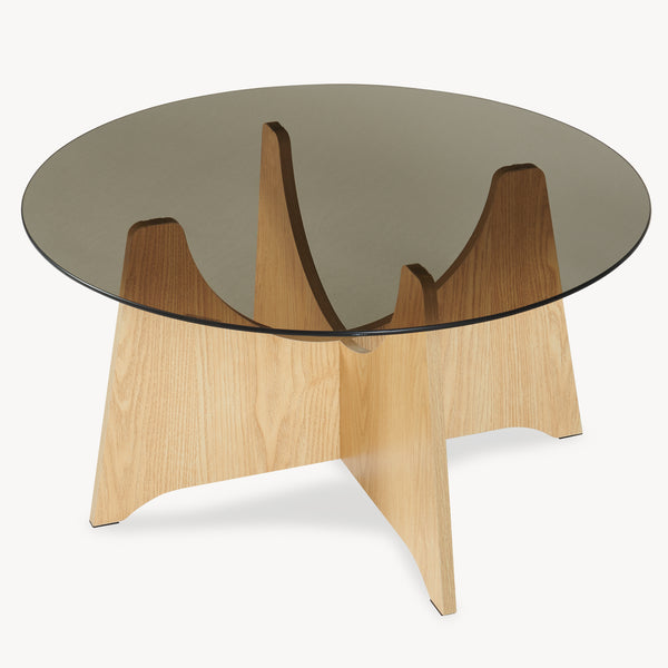 Tavolino da Salotto Omlar con Piano Rotondo in Vetro Fumé Ø70 x 35 cm - Effetto Rovere/Grigio Fumo [en.casa]