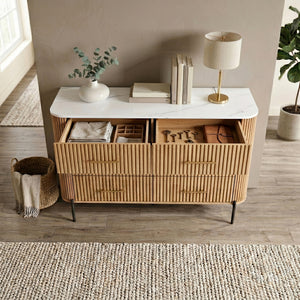 Cassettiera Comò a 6 Cassetti 120x42x78 cm Effetto Rovere / Effetto Marmo Bianco [en.casa] 