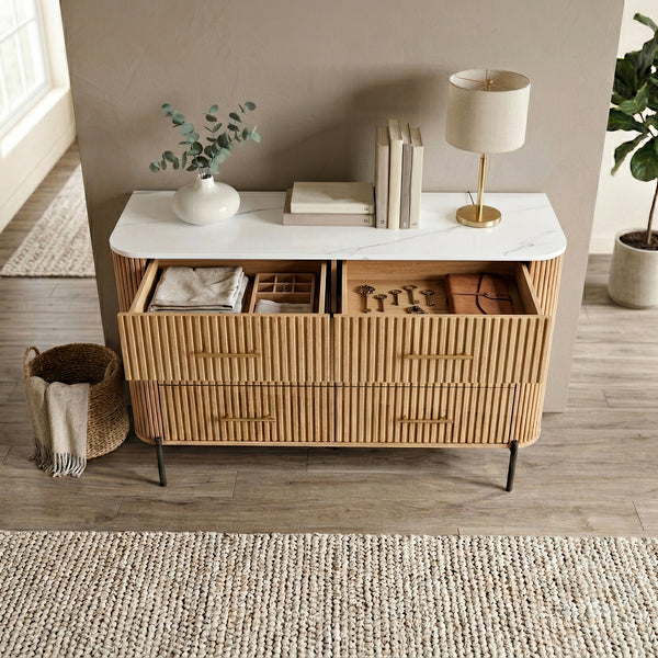 Cassettiera Comò a 6 Cassetti 120x42x78 cm Effetto Rovere / Effetto Marmo Bianco [en.casa] 