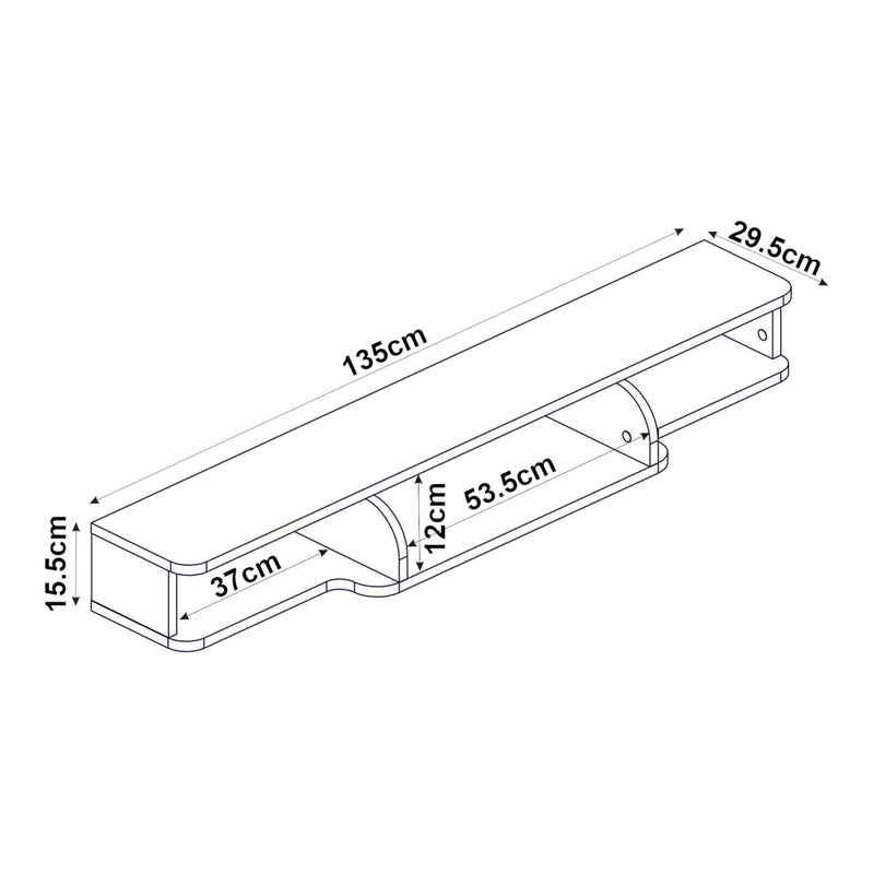 Schizzo in scala Mensola Porta TV Sospesa Aar con Scomparti Aperti 135 x 30 x 16 cm - Bianco [en.casa]