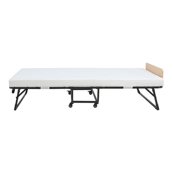 Letto pieghevole in metallo Lustendi con materasso 200x90cm Nero/effetto quercia [en.casa]