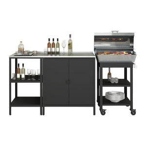 Set Bolognano Mobili da Esterno in Acciaio - Bancone Armadietto e Carrello Portavivande - Nero opaco casa.pro