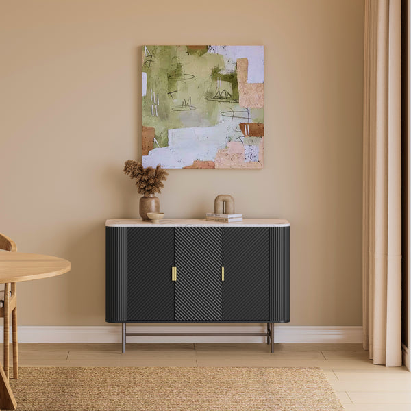 Mobile Contenitore Olvehok a 3 Ante Credenza con 4 Scomparti 110 x 40 x 77 cm - Nero / Effetto Marmo Bianco [en.casa]