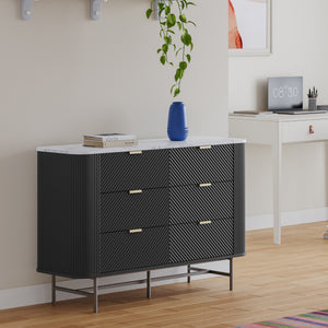 Comò a 6 Cassetti Olvehok Cassettiera 120 x 40 x 81 cm - Nero/Effetto Marmo Bianco [en.casa]