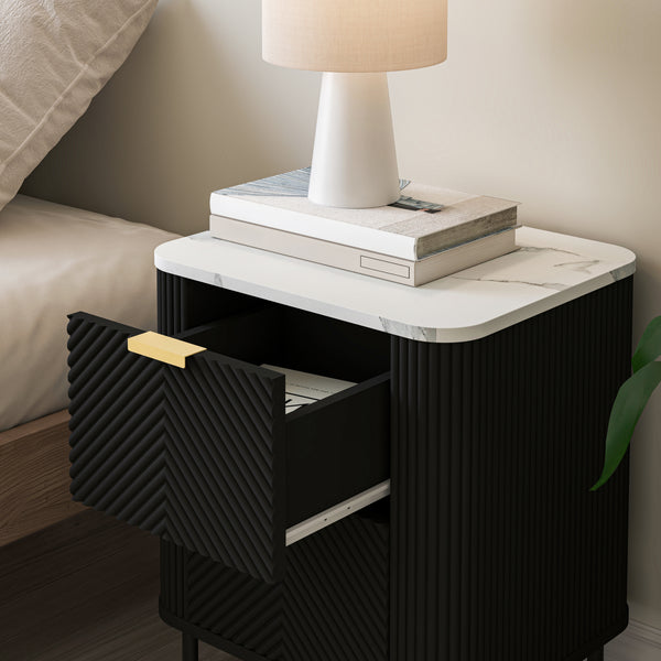 Set di 2 Comodini Olvehok con 2 Cassetti 55 x 52 x 38 cm - Nero / Effetto Marmo Bianco [en.casa] 