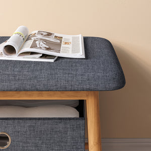 Panca da Scarpe Vad con Seduta Imbottita e 2 Contenitori in Tessuto 90 x 30 x 45 cm - Bambù Naturale / Grigio
