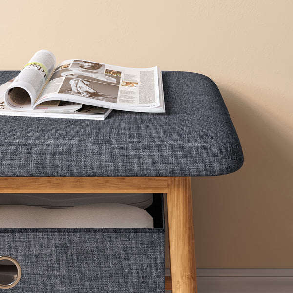 Panca da Scarpe Vad con Seduta Imbottita e 2 Contenitori in Tessuto 90 x 30 x 45 cm - Bambù Naturale / Grigio