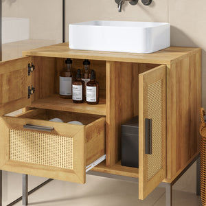 Mobile Sottolavabo Marhasa con Cassetto e 2 Scomparti 60 x 60 x 40 cm - Effetto Rovere/Rattan/Nero [en.casa]