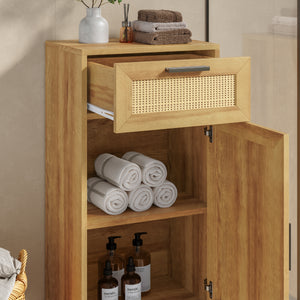 Mobile da Bagno Marhasa con Cassetto e Anta 92 x 40 x 30 cm - Effetto Rovere / Rattan / Nero [en.casa]