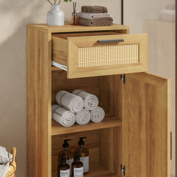 Mobile da Bagno Marhasa con Cassetto e Anta 92 x 40 x 30 cm - Effetto Rovere / Rattan / Nero [en.casa]