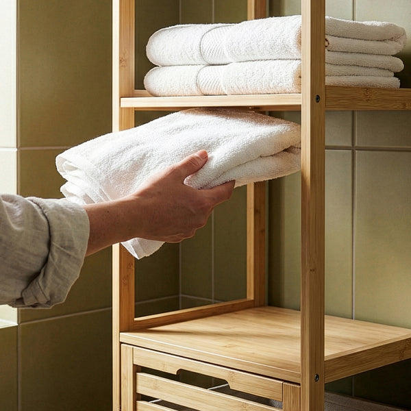 Scaffale da Bagno Anun in Bambù con Cesto Portabiancheria Rimovibile 130x36x33 cm - Effetto Legno [en.casa]