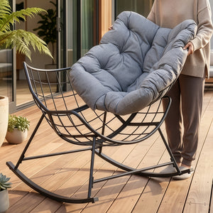 Sedia a Dondolo Villeneuve da Giardino con Cuscino Imbottito 85 x 90 x 91 cm - Nero / Grigio [en.casa]