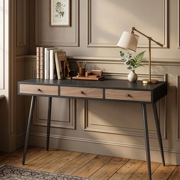 Scrivania Tumba con 3 Cassetti 115 x 48 x 76 cm - Nero/Effetto Noce [en.casa]