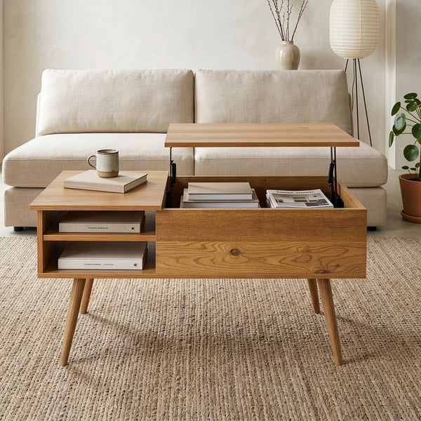Tavolino da salotto Vasdabod con piano sollevabile 96x59x50 cm effetto quercia [en.casa]