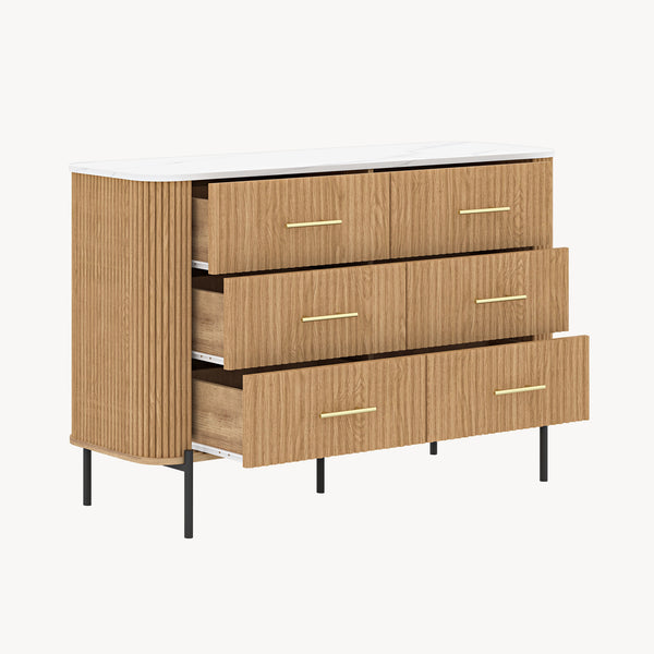 Cassettiera Comò a 6 Cassetti 120x42x78 cm Effetto Rovere / Effetto Marmo Bianco [en.casa] 