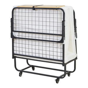 Letto pieghevole in metallo Lustendi con materasso 200x90cm Nero/effetto quercia [en.casa]