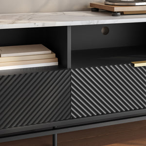 Mobile Porta TV Olvehok con Cassetti e Scomparti Aperti 140x40x55cm Nero / Effetto Marmo Bianco [en.casa] 