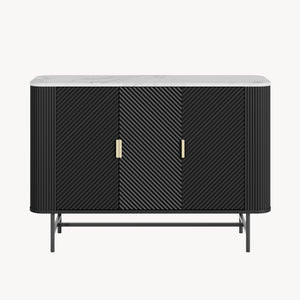 Mobile Contenitore Olvehok a 3 Ante Credenza con 4 Scomparti 110 x 40 x 77 cm - Nero / Effetto Marmo Bianco [en.casa]