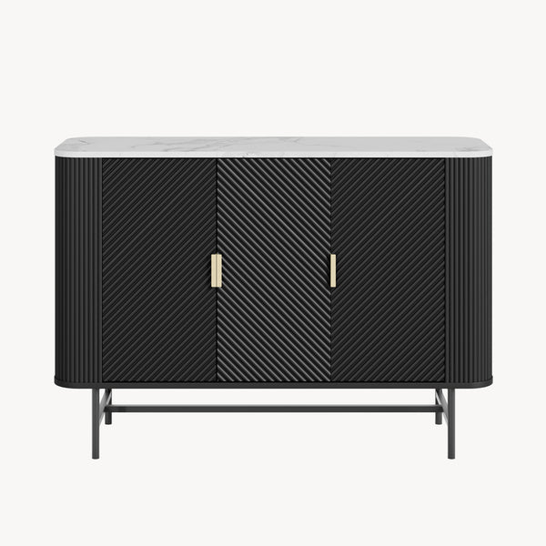 Mobile Contenitore Olvehok a 3 Ante Credenza con 4 Scomparti 110 x 40 x 77 cm - Nero / Effetto Marmo Bianco [en.casa]