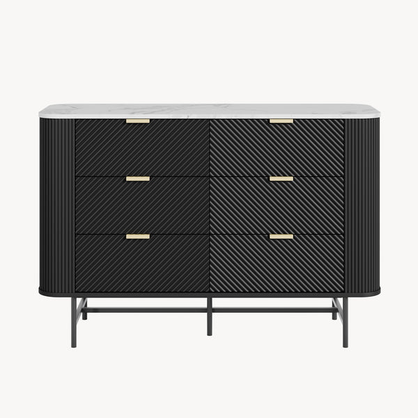 Comò a 6 Cassetti Olvehok Cassettiera 120 x 40 x 81 cm - Nero/Effetto Marmo Bianco [en.casa]