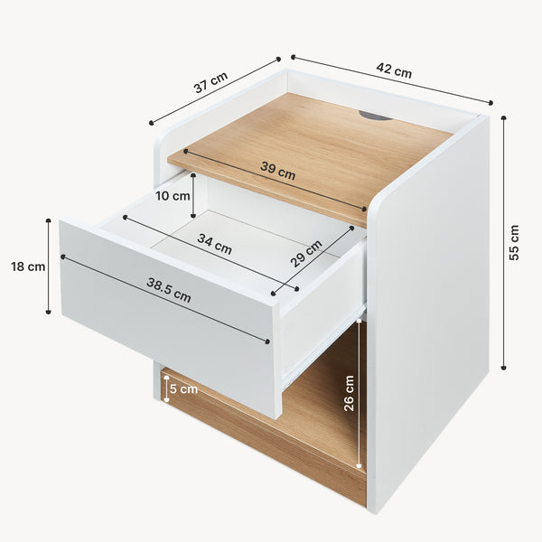 Comodino Kuorshare 55x42x37 cm Bianco/effetto quercia [en.casa]