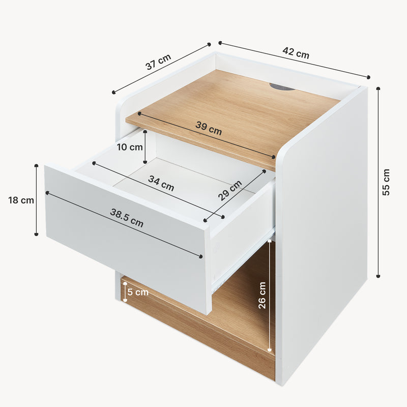 Schizzo in scala Comodino Kuorshare Mobiletto Laterale con Cassetto e Vano Aperto 55 x 42 x 37 cm - Bianco/Effetto Rovere [en.casa]