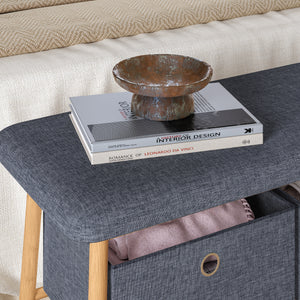 Panca da Scarpe Vad con Seduta Imbottita e 2 Contenitori in Tessuto 90 x 30 x 45 cm - Bambù Naturale / Grigio