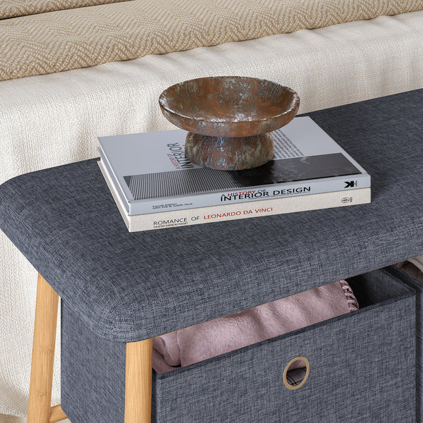 Panca da Scarpe Vad con Seduta Imbottita e 2 Contenitori in Tessuto 90 x 30 x 45 cm - Bambù Naturale / Grigio