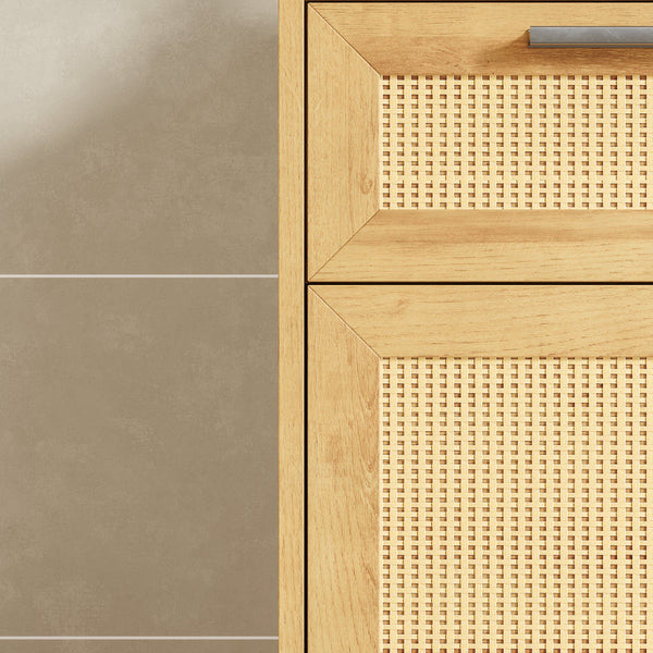 Mobile da Bagno Marhasa con Cassetto e Anta 92 x 40 x 30 cm - Effetto Rovere / Rattan / Nero [en.casa]