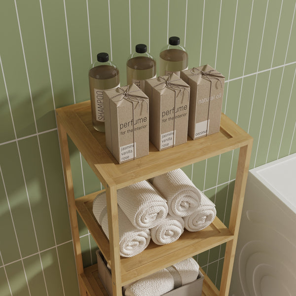 Scaffale da Bagno Anun in Bambù con Cesto Portabiancheria Rimovibile 130x36x33 cm - Effetto Legno [en.casa]