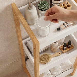 Scaffale da Terra Anun in Bambù Mobile da Bagno con 3 Cestini 78 x 80 x 40 cm - Color Naturale / Bianco [en.casa]