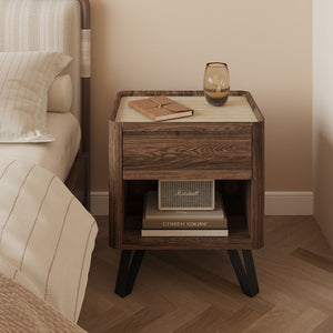 Comodino Trorlon 55x50x40 cm effetto noce/travertino [en.casa]
