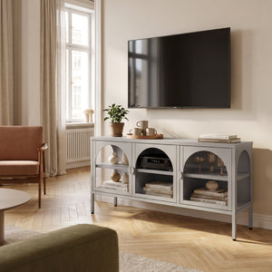 Vetrina Bassa Klippestad a 3 Ante in Vetro Credenza con 4 Scomparti 118 x 35 x 55 cm - Grigio Caldo [en.casa]

