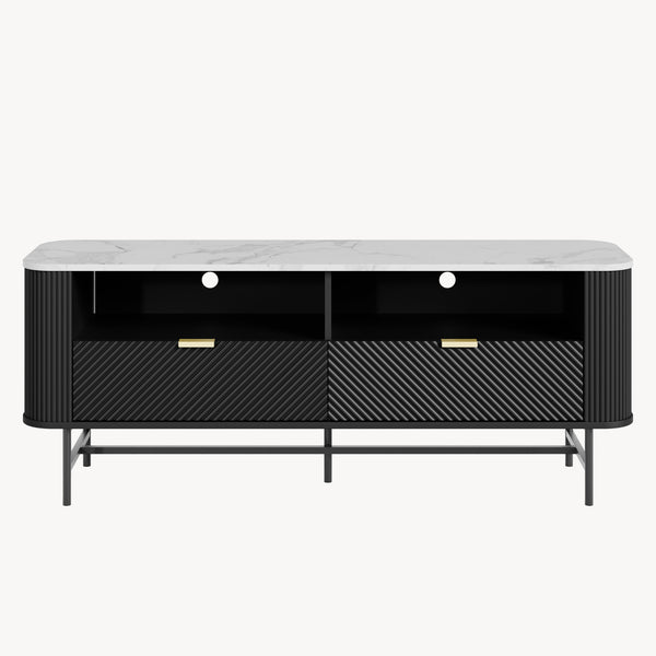 Mobile Porta TV Olvehok con Cassetti e Scomparti Aperti 140x40x55cm Nero / Effetto Marmo Bianco [en.casa] 