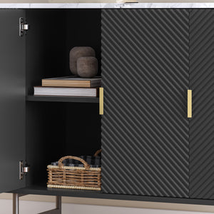Mobile Contenitore Olvehok a 3 Ante Credenza con 4 Scomparti 110 x 40 x 77 cm - Nero / Effetto Marmo Bianco [en.casa]