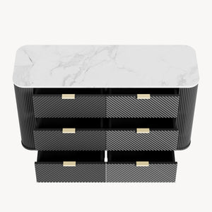 Comò a 6 Cassetti Olvehok Cassettiera 120 x 40 x 81 cm - Nero/Effetto Marmo Bianco [en.casa]