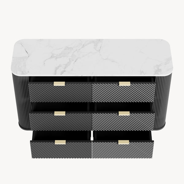 Comò a 6 Cassetti Olvehok Cassettiera 120 x 40 x 81 cm - Nero/Effetto Marmo Bianco [en.casa]