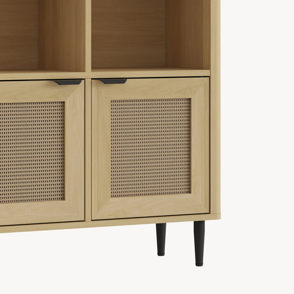 Mobile Contenitore Lukhomso a 2 Ante con Inserto Intreccio e 4 Scomparti 85 x 75 x 30 cm - Effetto Rovere/Rattan [en.casa]