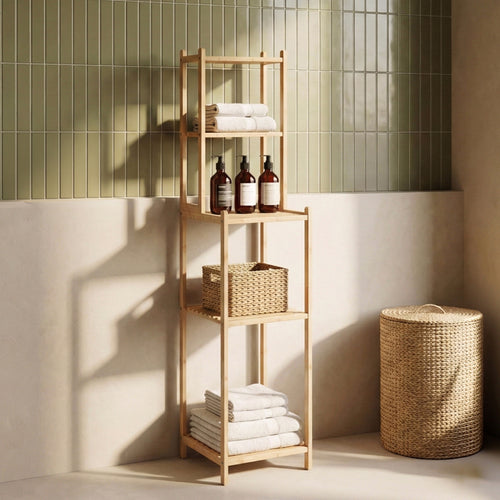 Scaffale da Bagno Anun in Bambù con 4 Scomparti Aperti 128 x 30 x 30 cm - Color Naturale [en.casa]

