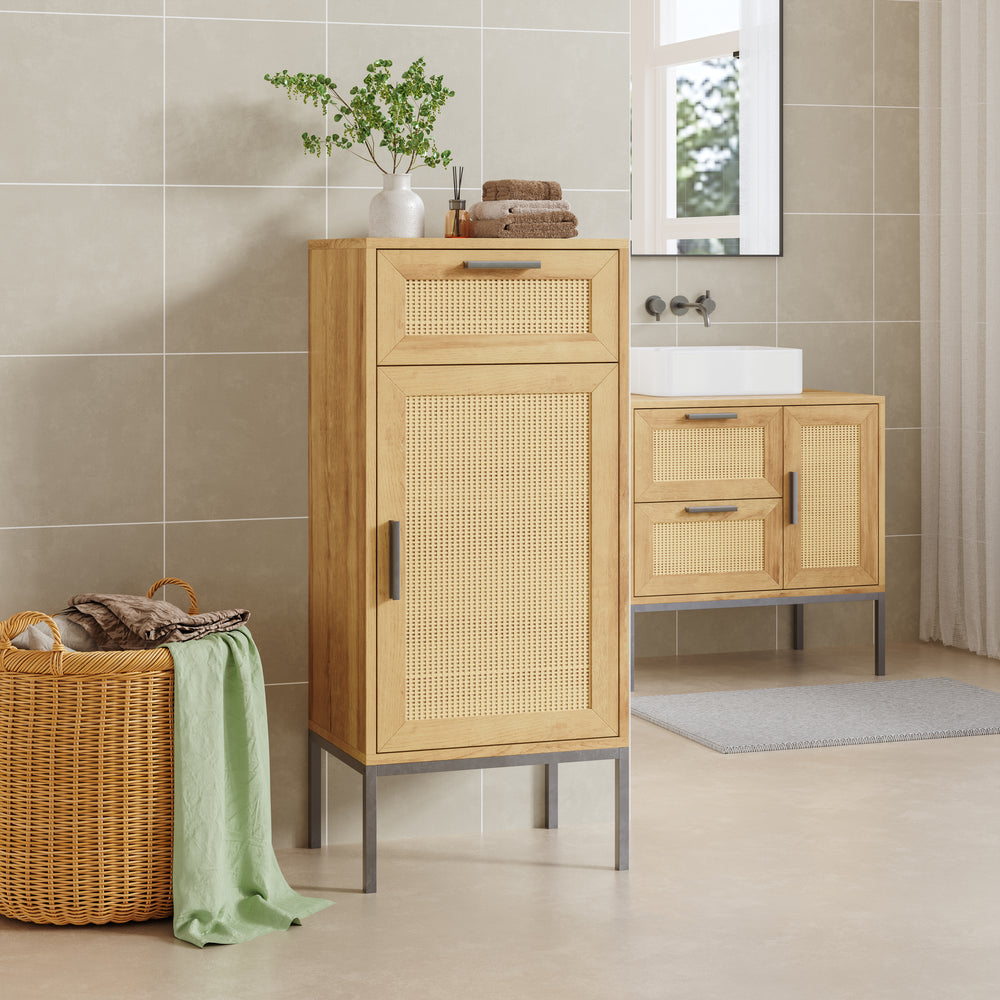 Mobile da Bagno Marhasa con Cassetto e Anta 92 x 40 x 30 cm - Effetto Rovere / Rattan / Nero [en.casa]