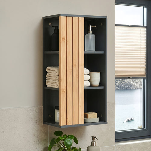 Mobiletto da Muro Svanes per Bagno Pensile con Frontale in Bambù e 3 Ripiani 60 x 30 x 20 cm - Grigio Scuro/ Naturale [en.casa]