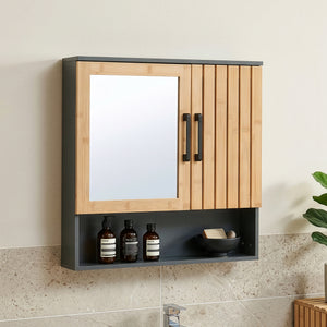 Mobiletto da Parete Svanes a Specchio Armadietto Pensile da Bagno con Ante in Bambù 58 x 56 x 13 cm - Grigio Scuro/Naturale [en.casa]

