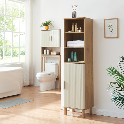 Mobile a Colonna Ferrersp Armadio da Bagno con Anta e Ripiani 160 x 42 x 35 cm - Effetto Rovere / Avena Oatmeal [en.casa]