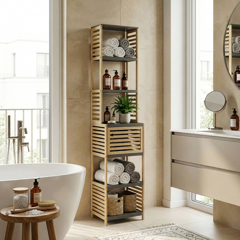 Scaffale da Bagno Kydesby in Bambù con Ripiani Aperti e Scomparto ad Anta [en.casa]