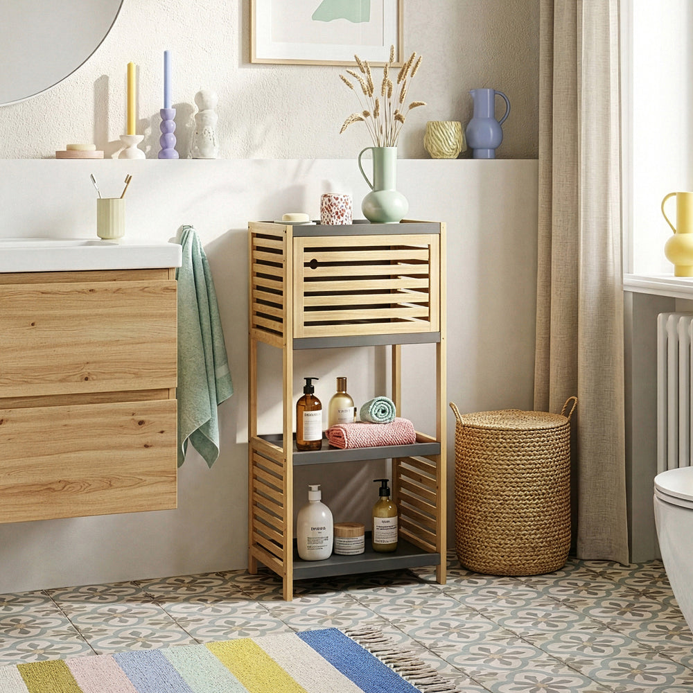 Scaffale da Bagno Kydesby in Bambù con Ripiani Aperti e Scomparto ad Anta [en.casa]