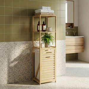 Scaffale da Bagno Anun in Bambù con Cesto Portabiancheria Rimovibile 130x36x33 cm - Effetto Legno [en.casa]